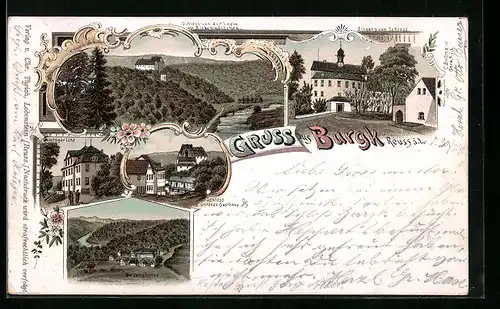Lithographie Burgk bei Reuss a. L., Schloss und unteres Gasthaus, Amtsgericht, Burgkhammer