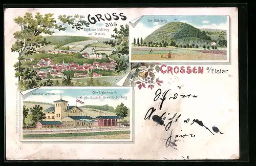 Lithographie Crossen /Elster, Ortsansicht vom Mühlberg aus, Bahnhof und Bahnhof-Gasthaus Otto Lieberwirth
