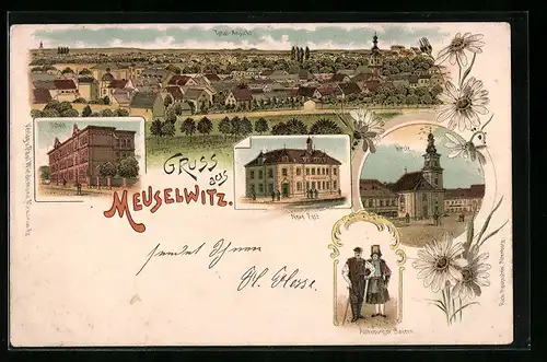 Lithographie Meuselwitz, Totalansicht, Neue Post, Altenburger Bauern
