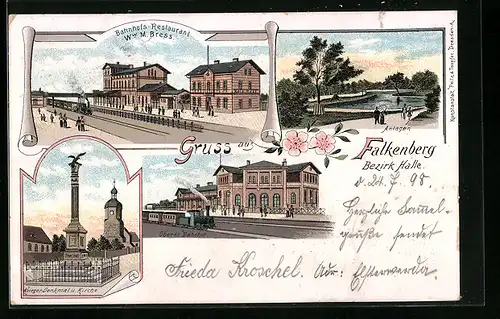 Lithographie Falkenberg /Bez. Halle, Bahnhofs-Restaurant und Bahnhof, Kriegerdenkmal und Kirche