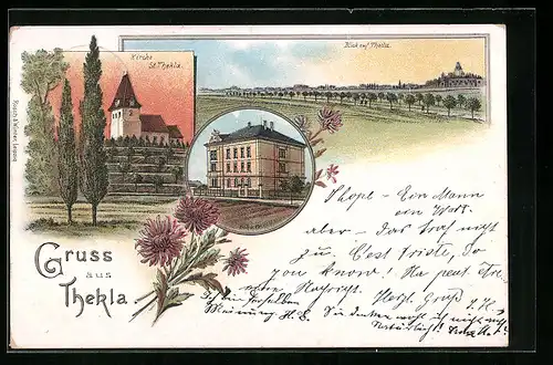 Lithographie Thekla, Schule, Kirche, Panorama mit Landstrasse