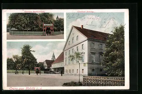 AK Nobitz /S.-A., Gasthof Nobitz, Strassenansicht mit Kirchturmblick, Garten-Restaurant