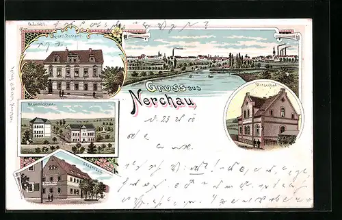 Lithographie Nerchau, Stadthaus, Wiesenbad, Beamtenschule