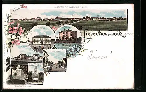 Lithographie Liebertwolkwitz, Rathaus, Schule mit Angerteich, Bahnhof, Totalansicht
