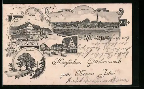 Lithographie Welzheim, Totalansicht, Gasthof zum Lamm, Bocks-Eiche