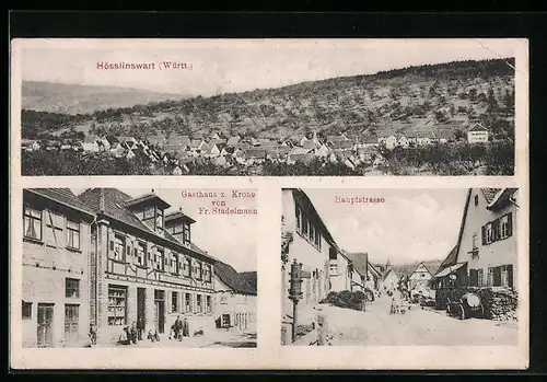 AK Hösslinswart /Württ., Gasthaus zur Krone von Fr. Stadelmann, Blick in die Hauptstrasse