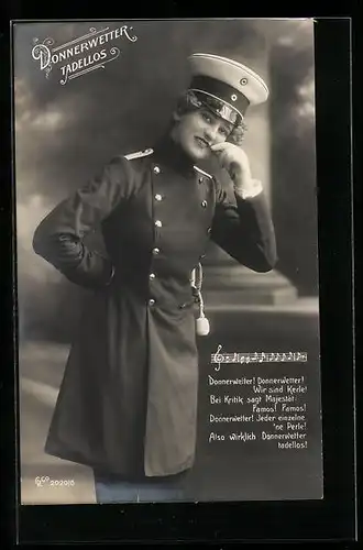 AK Donnerwetter-Tadellos, Frau im Kriegseinsatz stehend in blauer Uniform, Liedtext