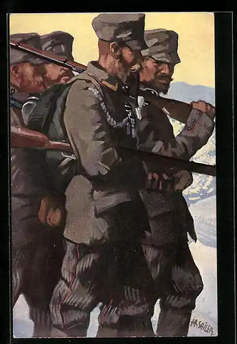 Künstler-AK sign. Josef Andreas Sailer: Landsturm-Patrouille in Uniformen auf dem Marsch, Infanterie