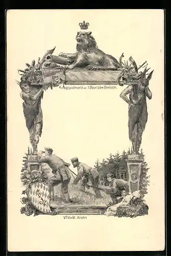 Künstler-AK Kriegspostkarte der 1. Bayr. Ldw.-Division, VFldwbl. Krahn, Wappen