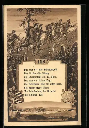 Künstler-AK Sächs. Inf. Rgt. 108 im Angriff