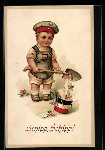 Lithographie Schipp, Schipp, Kleiner Soldat mit Schaufel, Kinder Kriegspropaganda