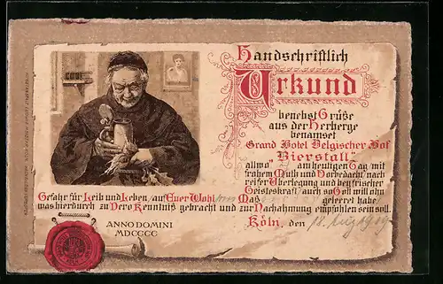 AK Köln, Hotel Belgischer Hof, Mönch mit Bierkrug, Urkunde über getrunkenes Bier