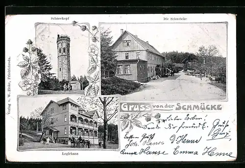 AK Gehlberg / Thür. Wald, Gasthaus Schmücke mit Schneekopf und Logirhaus