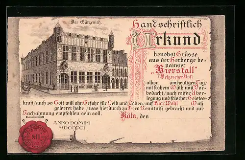 AK Köln, Gürzenich, Urkunde über getrunkenes Bier im Gasthaus Bierstall (Hotel Belgischer Hof)