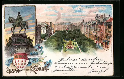 Lithographie Köln-Neustadt, Kaiser Wilhelm Denkmal, Kaiser Wilhelmring und Wappen