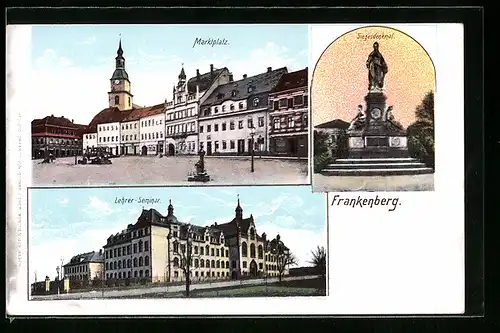 AK Frankenberg / Sa., Marktplatz, Siegesdenkmal und Lehrerseminar