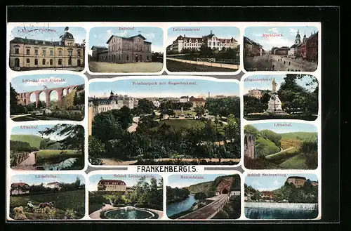 AK Frankenberg i. S., Marktplatz, Lützeltal mit Viadukt, Harrasfelsen, Siegesdenkmal, Schloss Sachsenburg