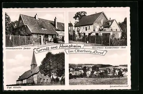 AK Hunsheim / Oberberg. Land, Evangelische Kirche, Privatpension Decker, Kaufhaus Kückelhaus-Post, Gesamtansicht