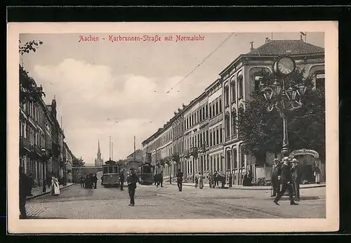 AK Aachen, Kurbrunnen-Strasse mit Normaluhr