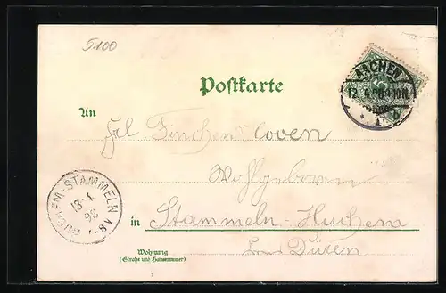 Lithographie Aachen, Rathaus mit Marktplatz, Nordseite des Doms, Kaiserplatz mit Adalbertskirche