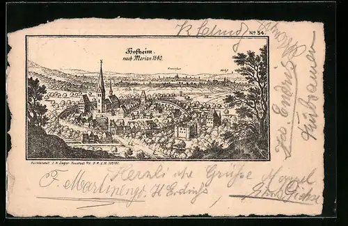 Lithographie Hofheim i. T., Ortsansicht nach Merian 1640, Büttenrand
