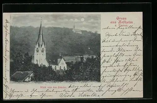 Mondschein-AK Hofheim i. T., Blick von der Brücke zur Kirche