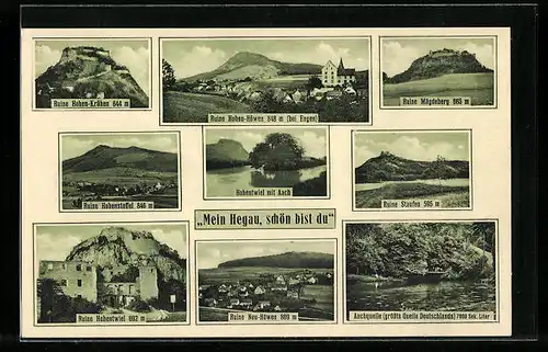 AK Aach / Hegau, Ruine Hohen-Krähen, Ruine Hohen-Höwen, Hohentwiel mit Aach, Ruine Hohenstoffel