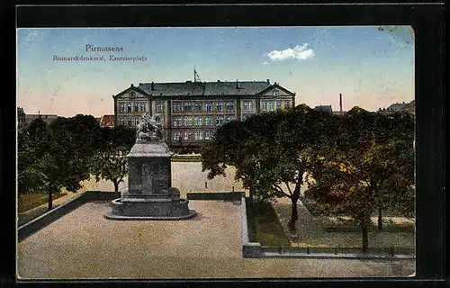 AK Pirmasens, Bismarckdenkmal und Exerzierplatz