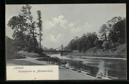 Mondschein-AK Lübeck, Kanalpartie mit Mühlenbrücke