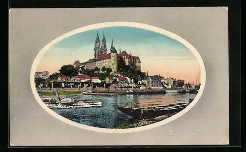 AK Meissen, Ortspartie und Flusspartie mit Dampfer, Passepartout