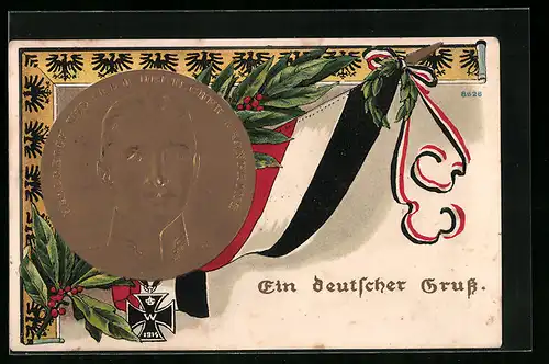 Präge-AK Kronprinz Wilhelm von Preussen, Flagge und Eisernes Kreuz