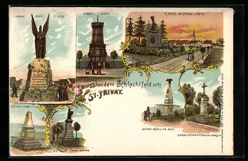 Lithographie St-Privat, Garde-Füsilier Regt., Franz-Denkmal, 1. Garde-Regt. zu Fuss