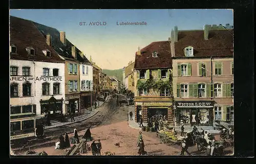 AK St. Avold, Lubelnerstrasse mit Geschäften und Marien-Apotheke