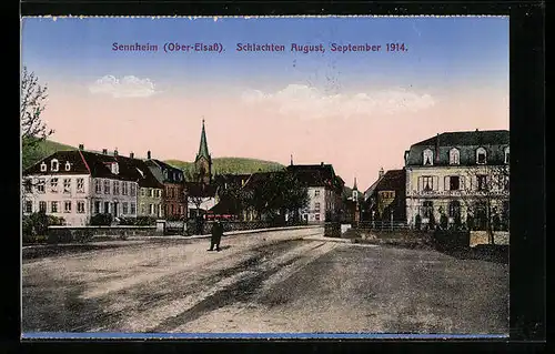 AK Sennheim, Strassenpartie mit Kirche, Schlachten August, September 1914