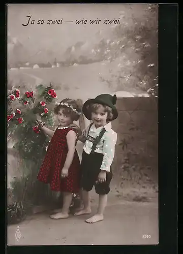 Foto-AK PFB: Ja so zwei wie wir zwei, Kinderpaar in Tracht