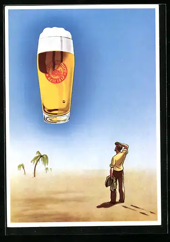 AK Mann in der Wüste erblickt ein Bierglas, Brauerei-Werbung