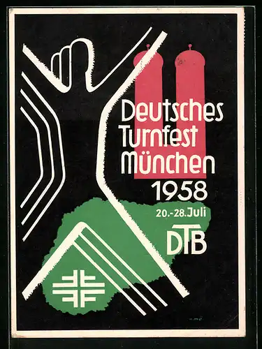 Künstler-AK München, Deutsches Turnfest 1958, Turner vor der Frauenkirche