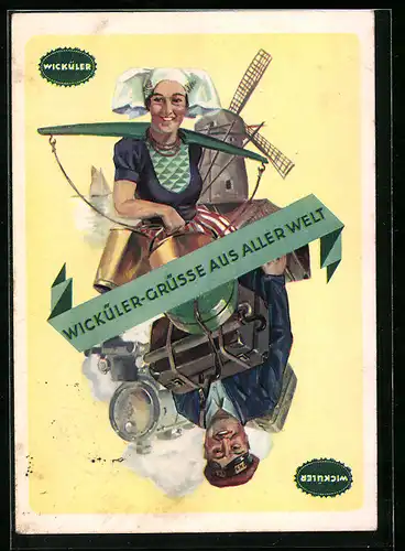 AK Frau mit Eimern vor einer Windmühle, Mann mit Koffer vor Eisenbahn, Brauerei-Werbung für Wicküler