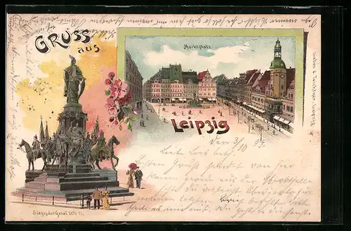 Lithographie Leipzig, Marktplatz von oben gesehen, Siegesdenkmal 1870-71
