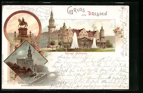 Lithographie Dresden, Königliches Schlosss, Hofkirche bei Vollmond