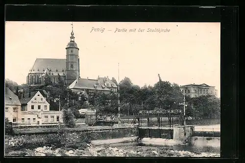 AK Penig, Partie mit der Stadtkirche, Muldenwehr