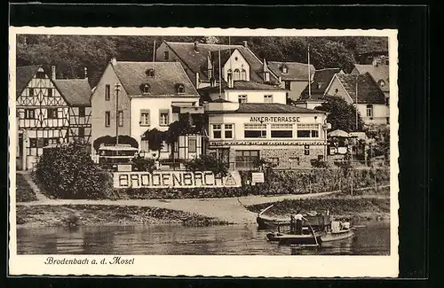 AK Brodenbach /Mosel, Ortspartie mit Hotel-Pension Anker-Terrasse