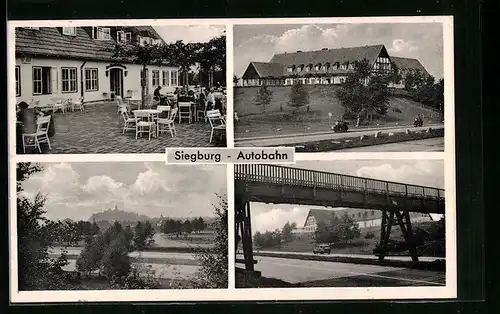 AK Siegburg, Autobahn-Rasthaus F. Linden mit Terrasse, Autobahnbrücke