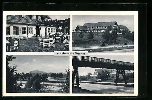 AK Siegburg, Autobahn-Rasthaus Fritz Linden mit Terrasse und Autobahnbrücke