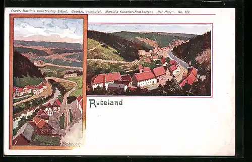 Künstler-AK H. Bahndorf: Rübeland, Ortsansichten aus der Vogelschau