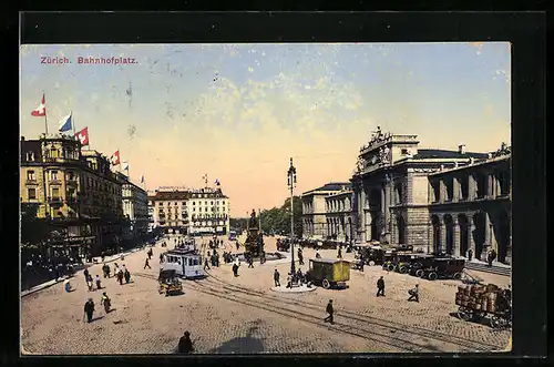 AK Zürich, Bahnhofplatz mit Hotel Habis und Strassenbahn