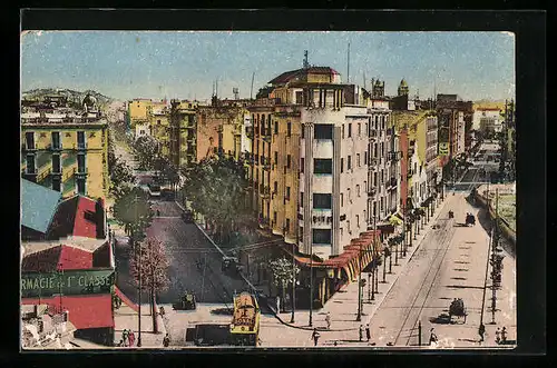 AK Tunis, La Place Anatole-France, l`Avenue de Paris et l`Avenue Théodore-Roustan, Strassenbahn