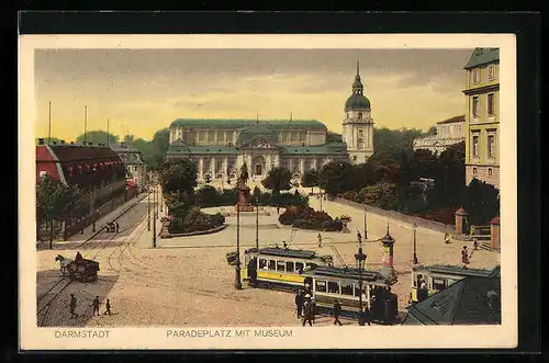 AK Darmstadt, Paradeplatz mit Museum und Strassenbahn