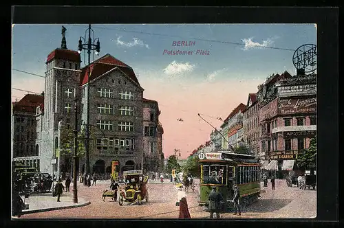 AK Berlin, Potsdamer Platz mit Geschäften und Strassenbahn
