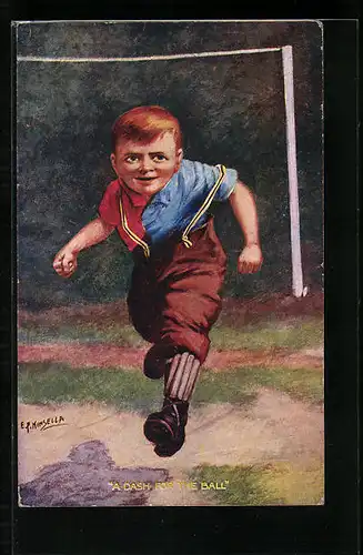 Künstler-AK Junge mit Latzhose rennt, Fussball